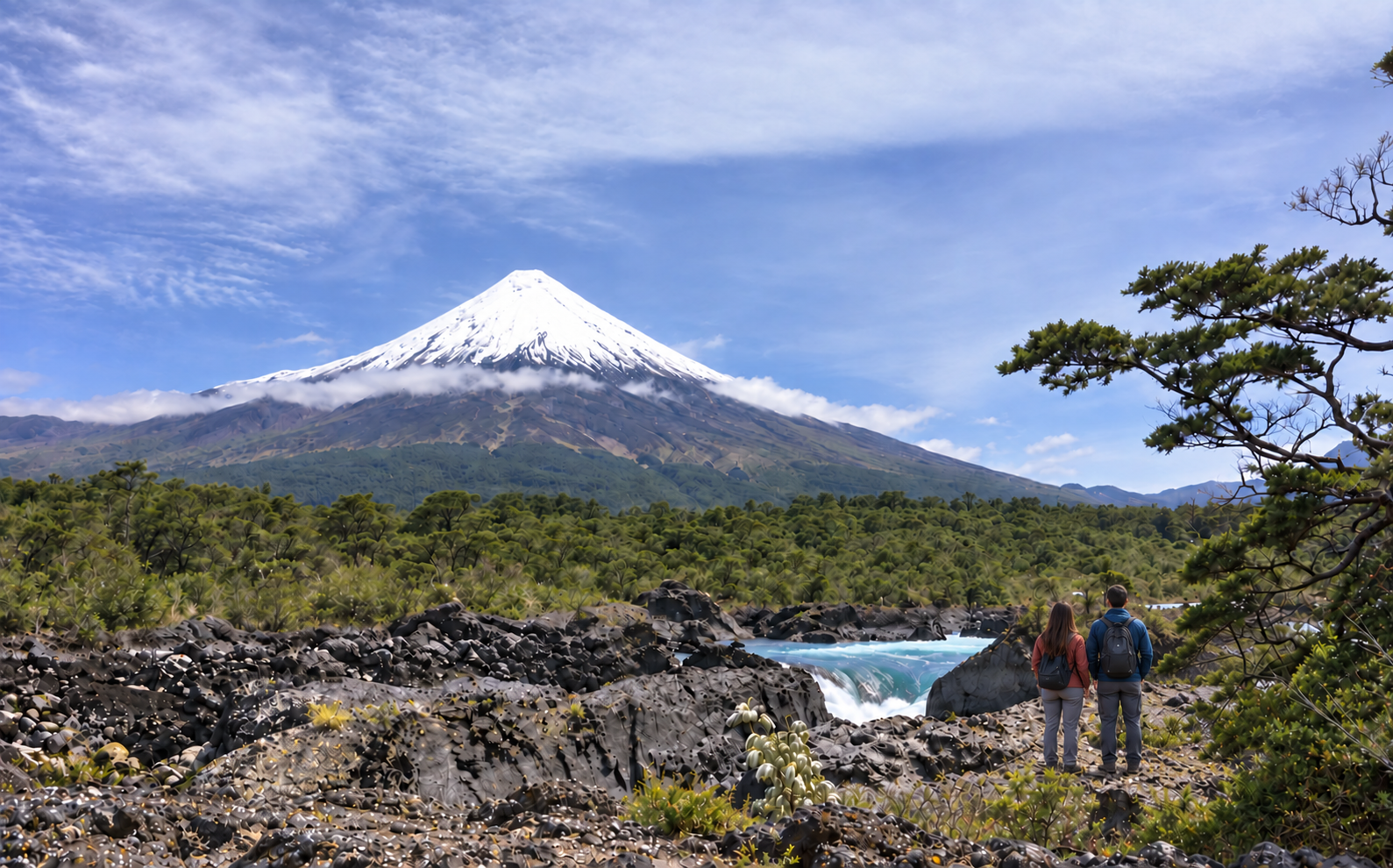 Pucón: paisaje volcánico, río y bosque